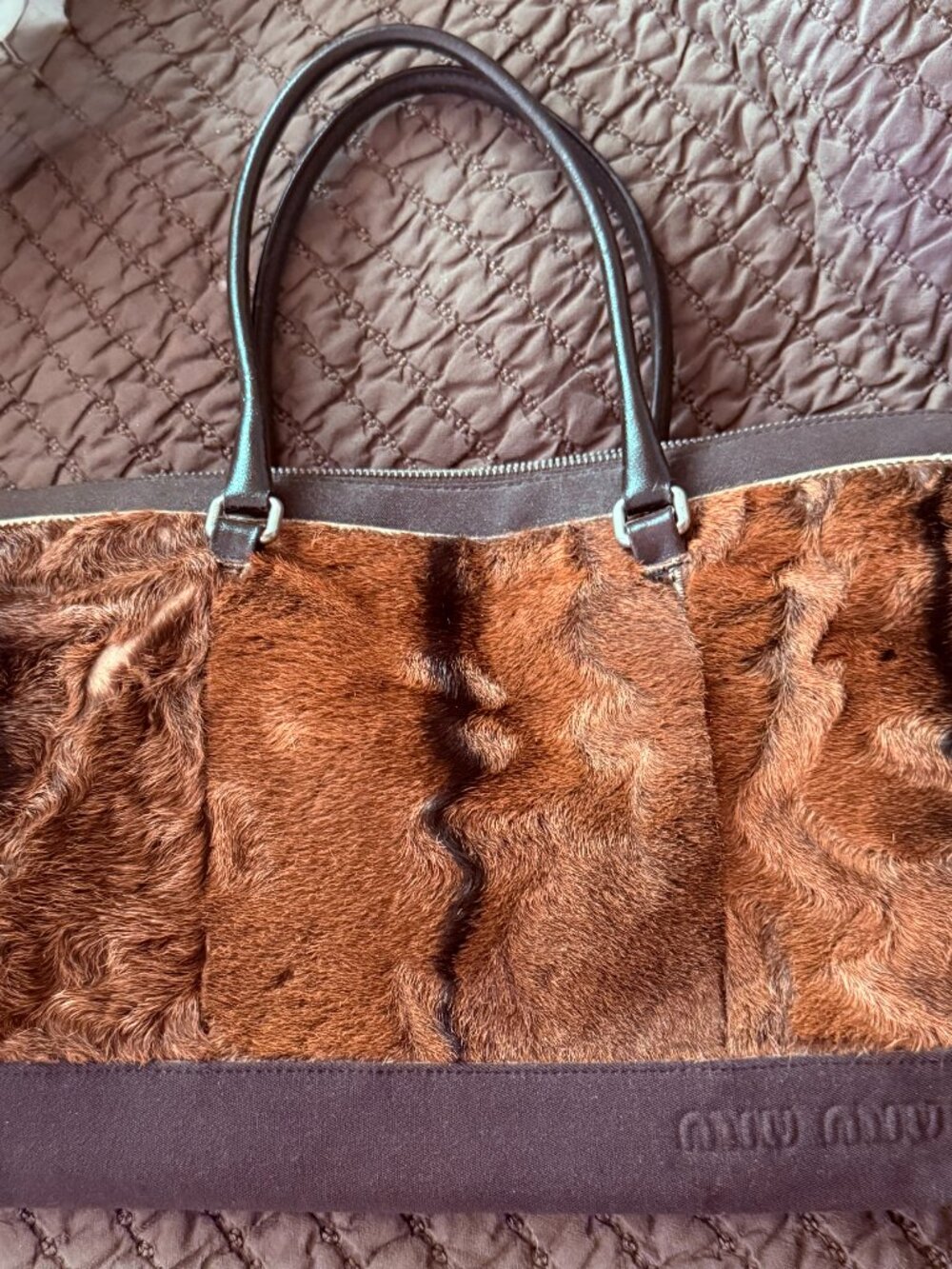 MIU MIU Hair On Vintage Handbag with Leather Handles and Fabric bottom and top - Picture 6 of 16